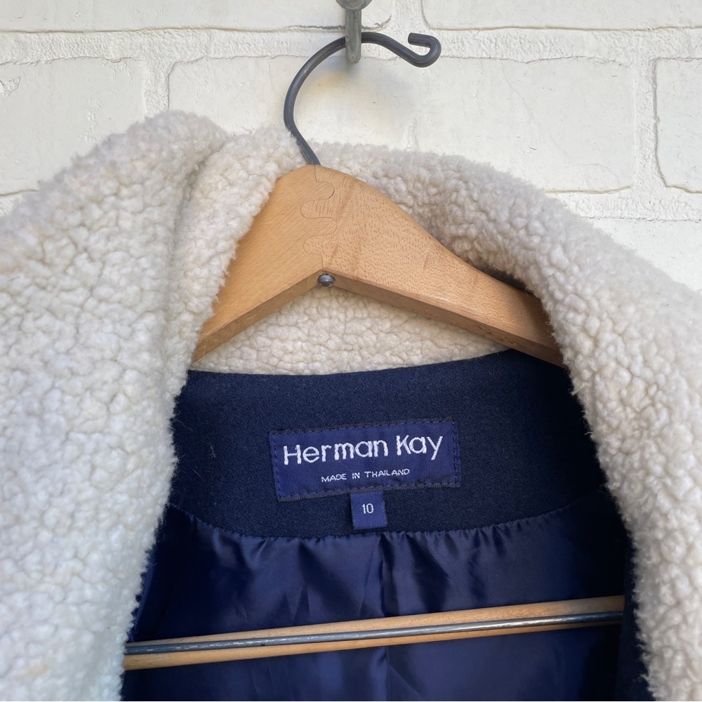 Vintage Wool Blend Navy Coat with Cream Collar longer style - Picture 8 of 13